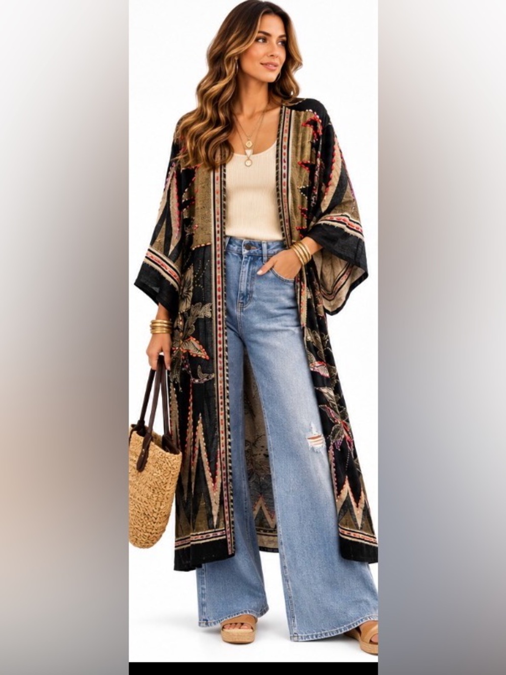 Raj NWT Embroidered Floral Boho Kimono Duster One Size 100% Rayon India